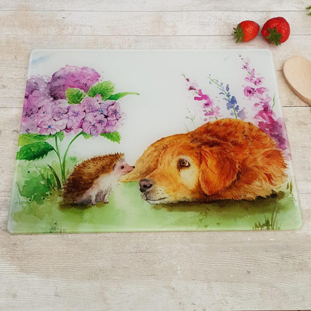 Hydrangea Hideaway Glass Worktop Protector Love Country by Sarah Reilly